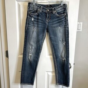 Silver AIKO capri denim jeans W28/L25 denim Distress, stretch White stitching